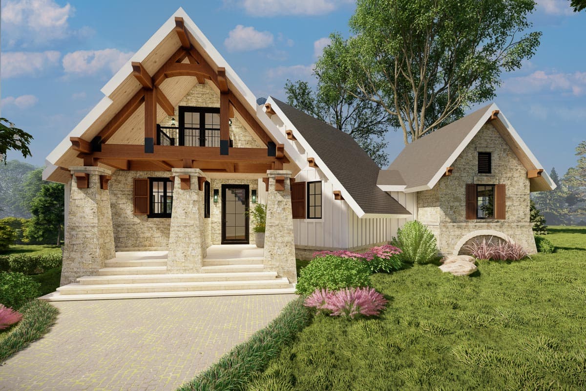 House plan exterior: Stone and white siding, prominent timber framing on covered porch, gabled rooflines.