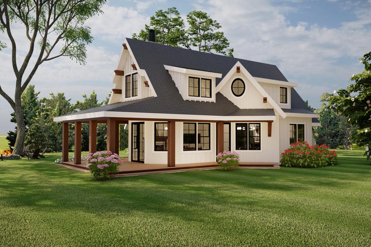 Modern Farmhouse house plan exterior with wrap-around porch, prominent gables, board-and-batten siding, and a circular dormer.