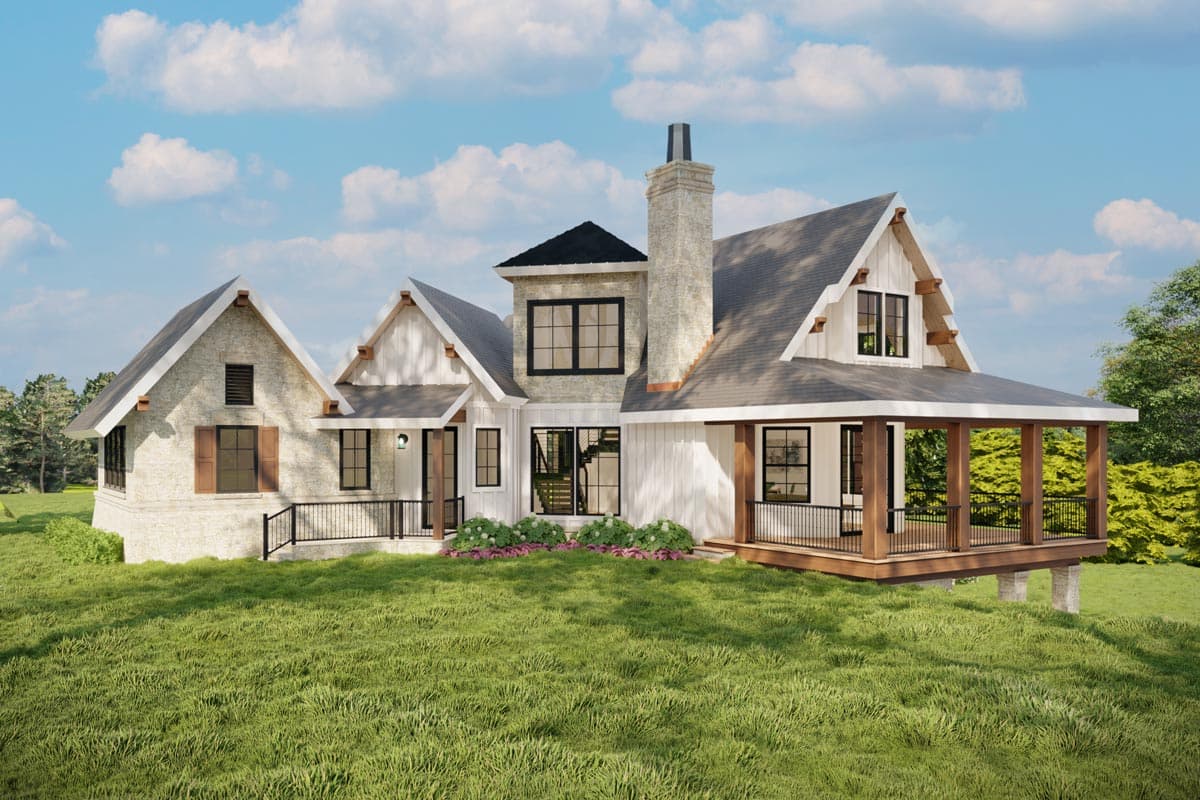 House plan exterior: Modern Farmhouse style with stone and white siding, prominent gables, wrap-around porch, and tall stone chimney.