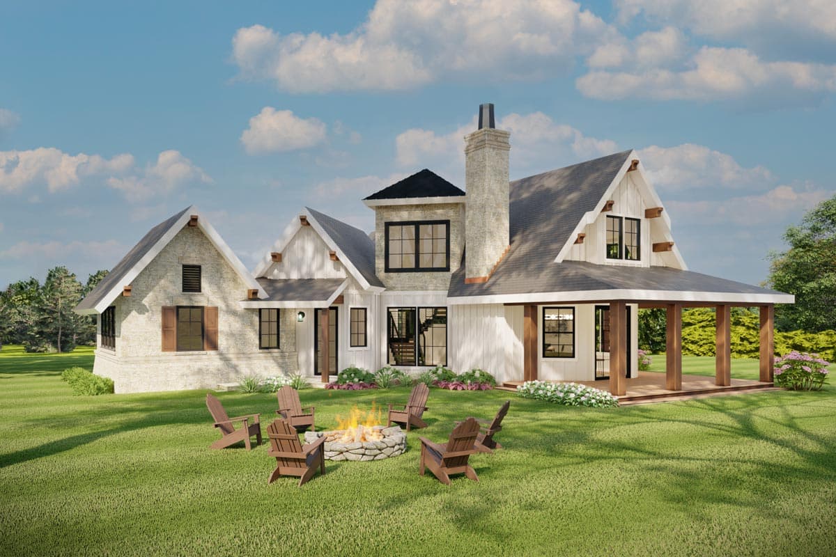 House plan exterior: Modern Farmhouse style, two stories, with stone accents, gable rooflines, and a covered porch with wood columns.