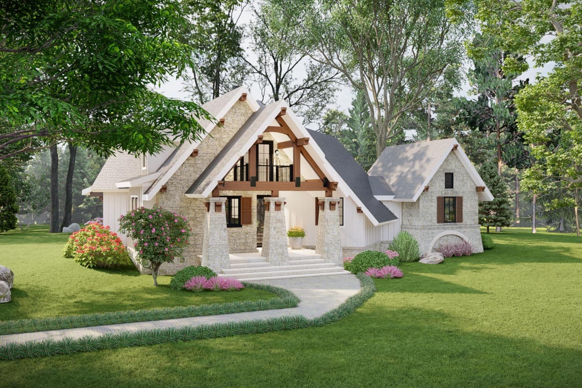 House plan exterior of a two-story home with stone accents, gabled rooflines, exposed timber beams, and a covered entry porch with stone pillars.