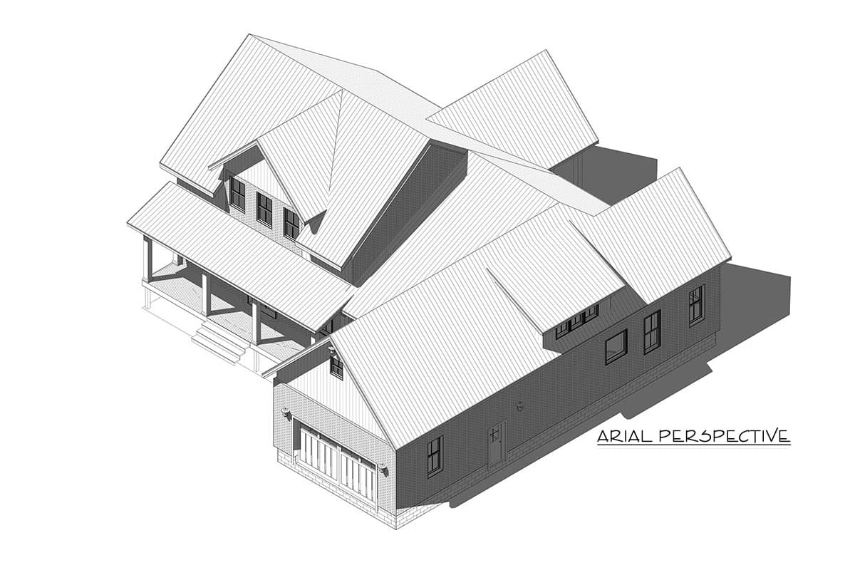 House plan exterior with a wraparound porch, multiple gables, and a detached garage.