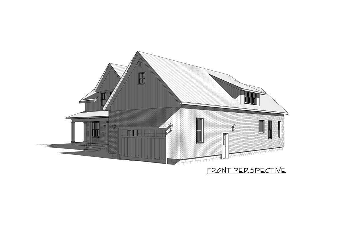 House plan exterior: Two-story, brick, with a front-facing garage, gabled roof, and covered front porch.