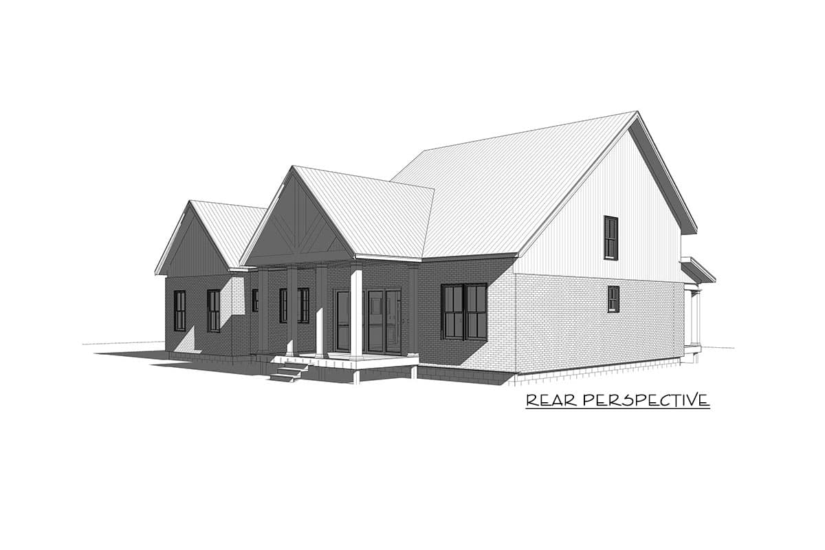 House plan exterior, two stories, brick and siding, prominent gables, covered front porch with columns, and metal roof.