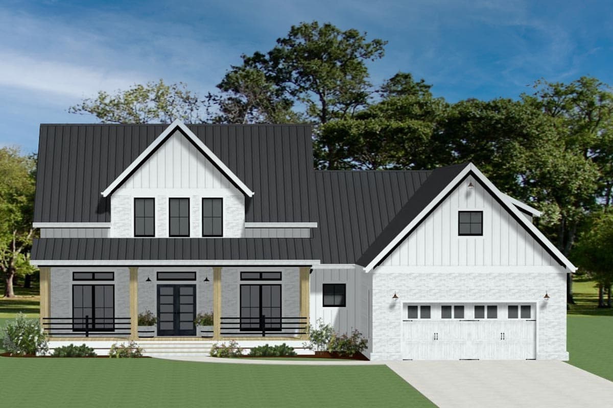 House plan exterior featuring a Farmhouse style with a two-story design. Key elements: front porch, multiple gables, and attached garage.
