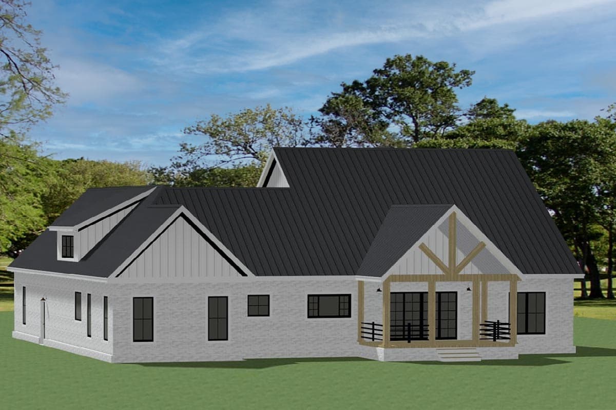 House plan exterior: Modern Farmhouse style, one story, with a prominent gable roofline, a covered porch with exposed beams, and dormer windows.