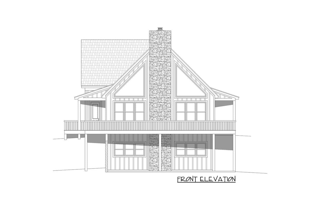 Front elevation drawing of a two-story house plan with gabled roofs, a stone chimney, and a wrap-around porch.