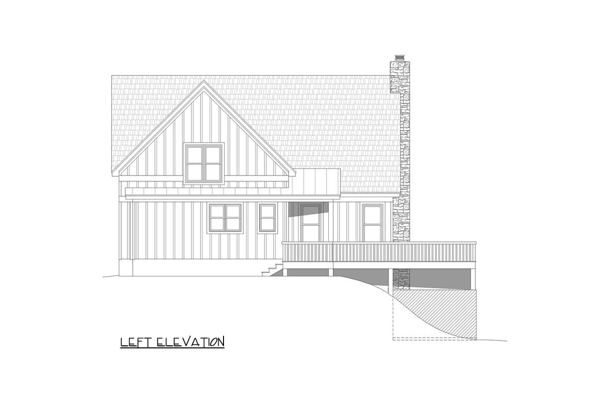 Left elevation house plan with prominent gable, board and batten siding, stone chimney, and wrap-around deck.