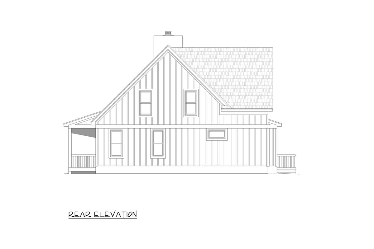 Rear elevation drawing of a house plan featuring gables, dormers, a chimney, and a covered porch.