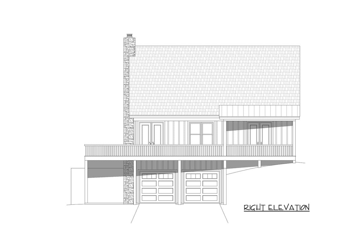 Right elevation house plan: two-story with stone chimney, balcony, and double garage doors.