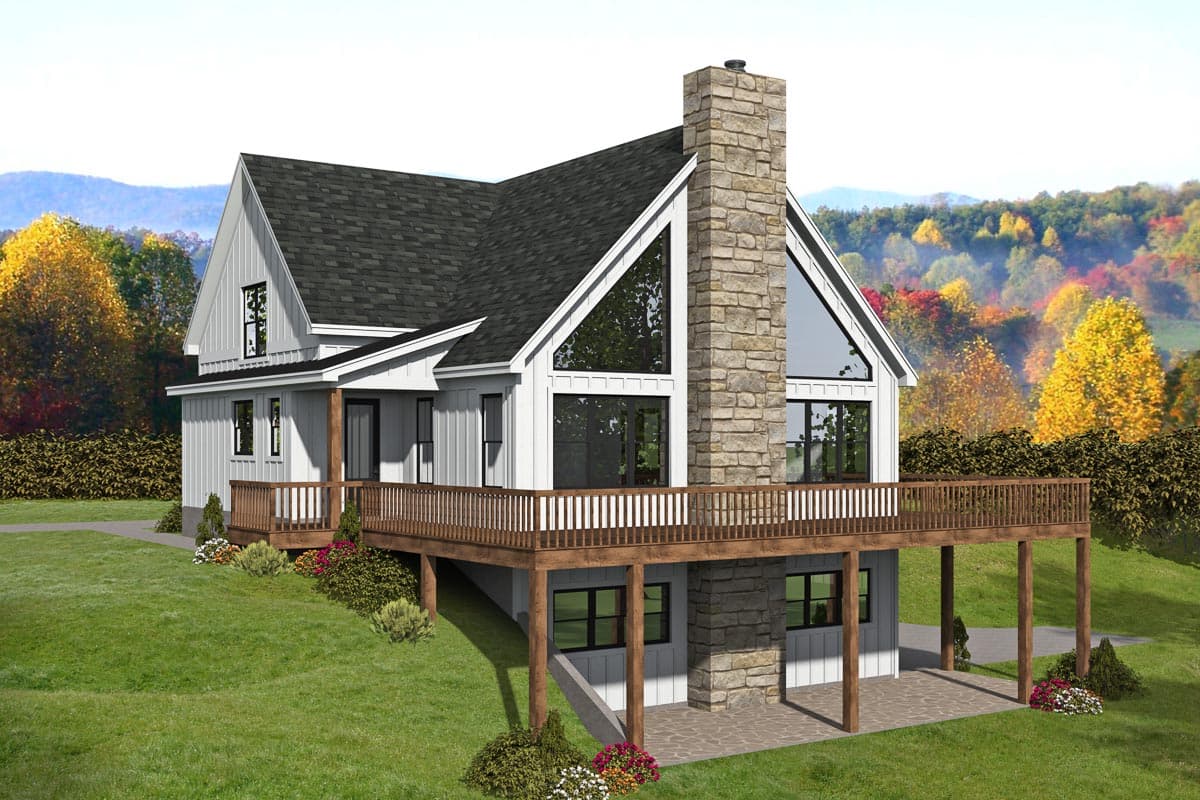House plan exterior. Two-story Modern Farmhouse with a stone chimney, wrap-around deck, and gabled roofline.