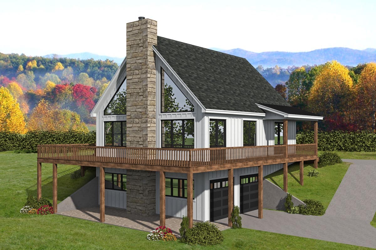 Modern house plan exterior with stone chimney, large gable windows, wrap-around deck, and a two-car garage.