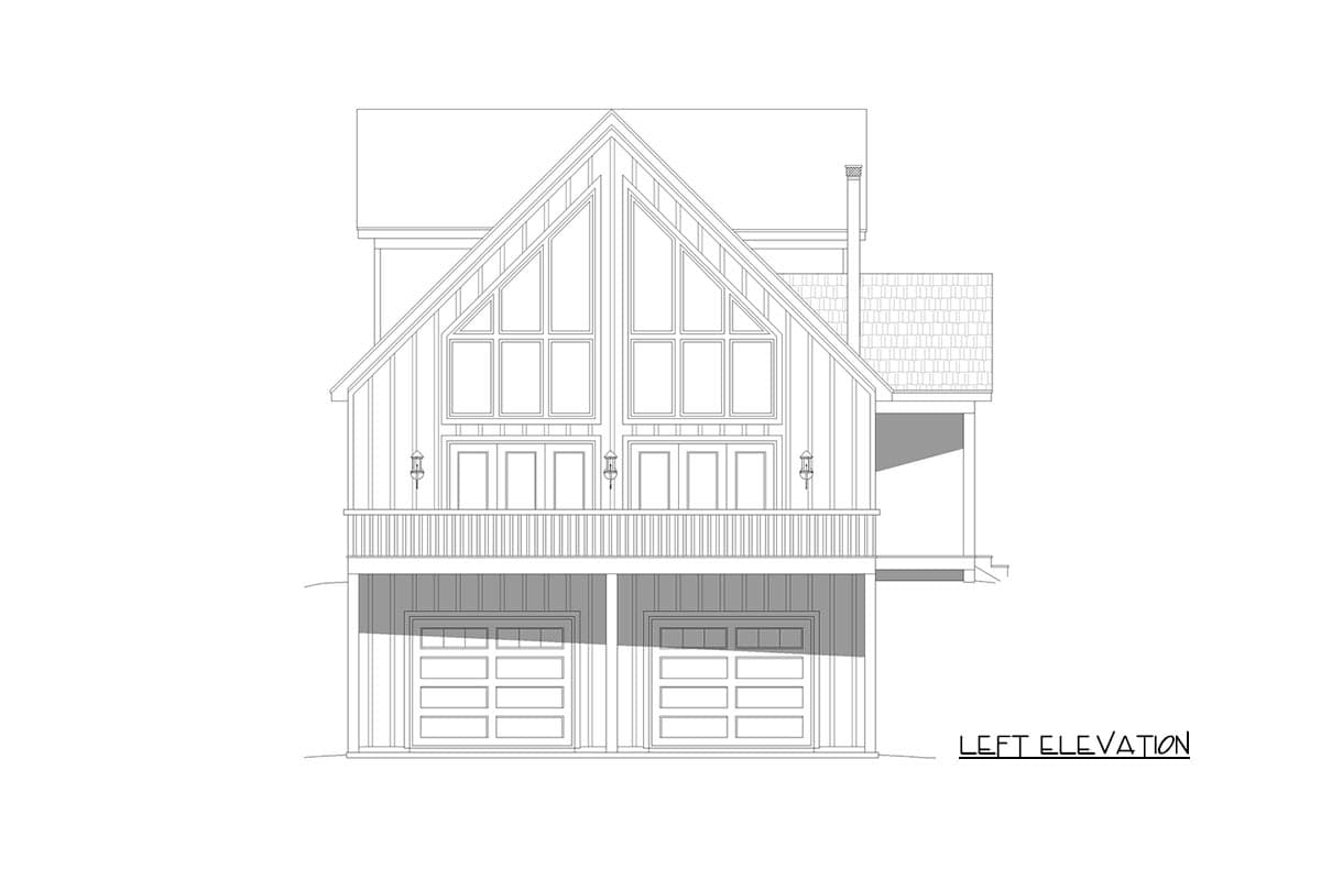 Left elevation house plan with gable roof, double garage doors, deck, and tall windows.