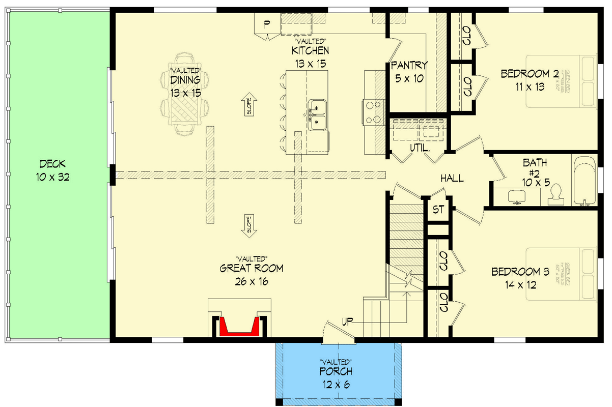 Plan 68892VR: Two-Story Mountain House Plan with Vaulted Master Loft and Tandem Drive-Under Garage - Floor Plan - Main Level - Contemporary, Country, Craftsman, Mountain, Rustic