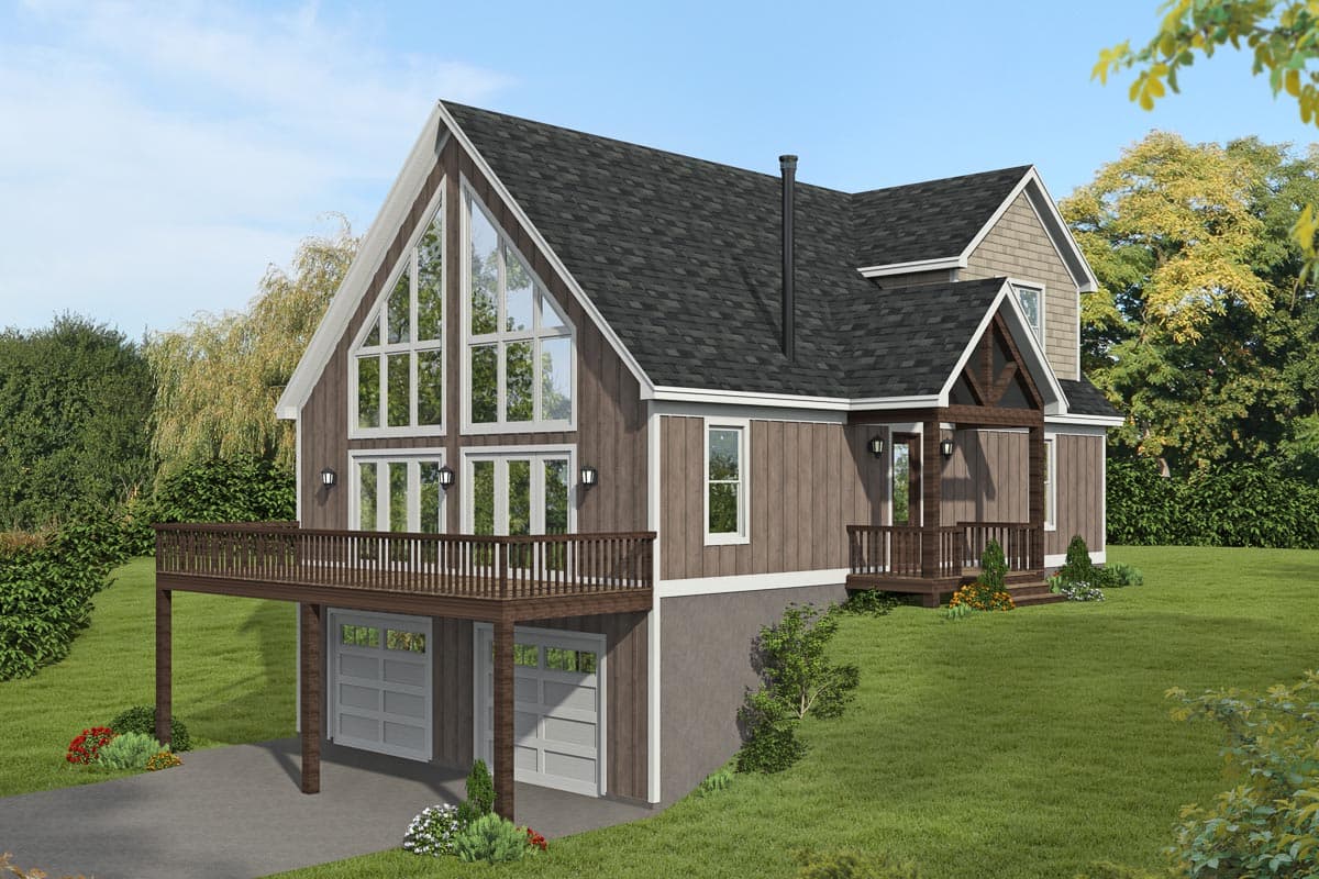 House plan exterior. Two-story home with a gable roof, covered porch, and a large, multi-pane window. Includes a deck above the garage.