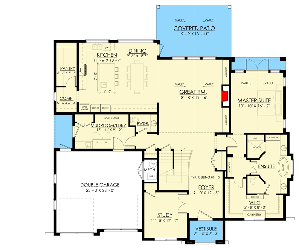 Plan 270045AF: 4 Bed Transitional House Plan with Vaulted Spaces Indoors and Out - 3402 Sq Ft - Floor Plan - Main Level - Contemporary, Country, European, Traditional, Transitional