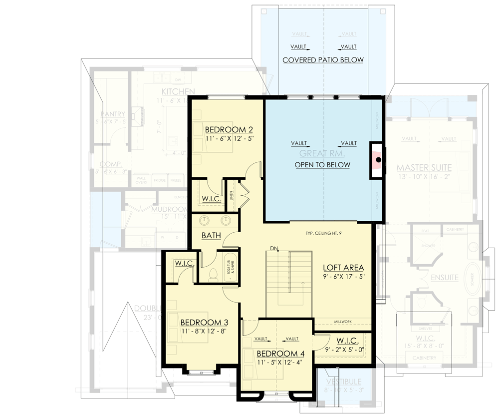 Plan 270045AF: 4 Bed Transitional House Plan with Vaulted Spaces Indoors and Out - 3402 Sq Ft - Floor Plan - 2nd Floor - Contemporary, Country, European, Traditional, Transitional