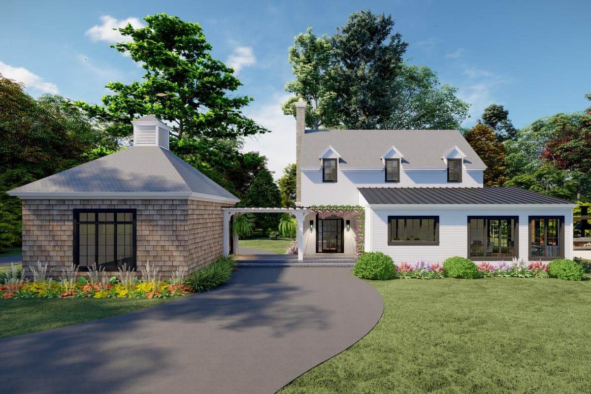 House plan exterior. Two-story Modern Farmhouse with dormers, a detached garage, and a pergola-covered entrance. Black window trim and roofing.