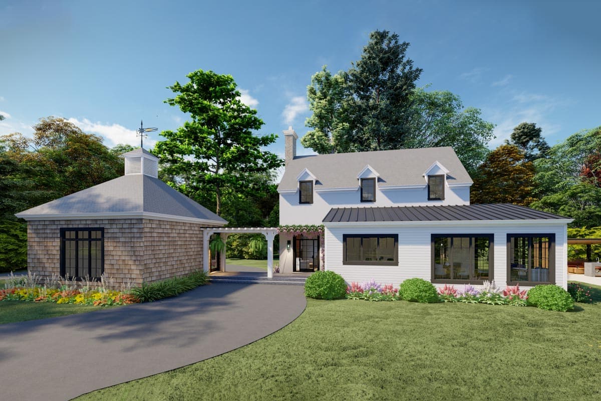 Modern Farmhouse house plan exterior with two stories, attached garage, dormer windows, and shingled garage structure.