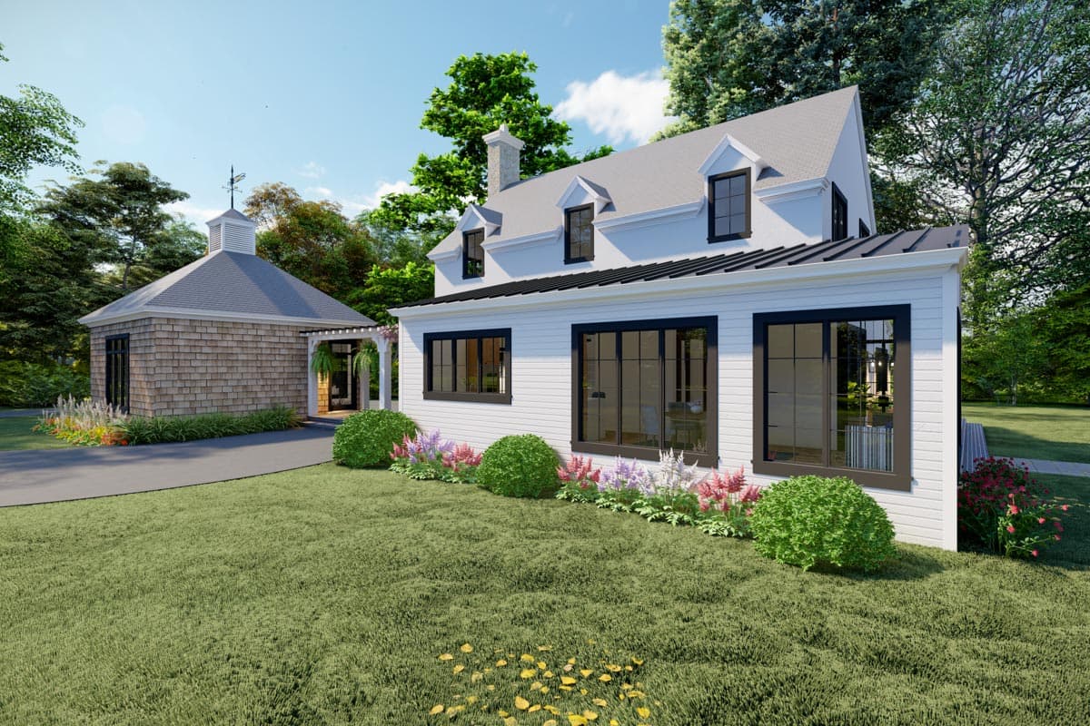 Modern Farmhouse house plan exterior with dormers, gables, and attached shingled structure.