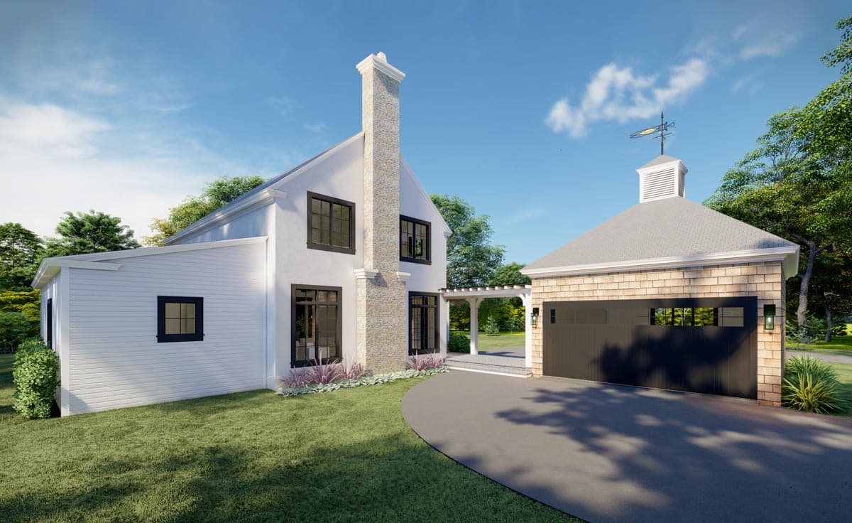 Modern Farmhouse house plan exterior with stucco finish, stone chimney, attached garage, and a cupola with weather vane.