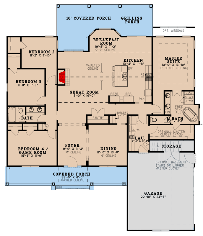 Plan 70722MK: New American Ranch Home Plan with a Shingled Exterior - 2286 Sq Ft - Floor Plan - Main Level - Cottage, Country, Farmhouse, Traditional