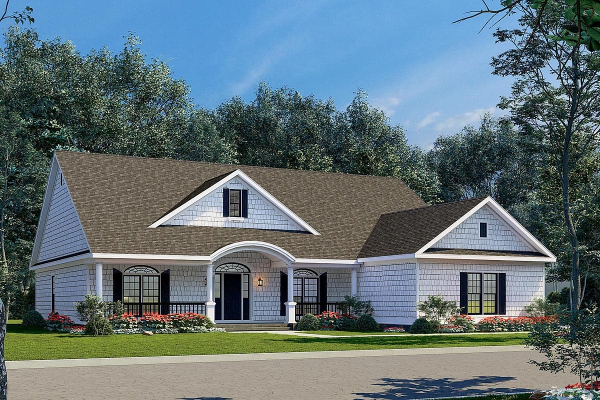 House plan exterior: Ranch style with arched entry porch, dormer, gables, and white shingle siding.