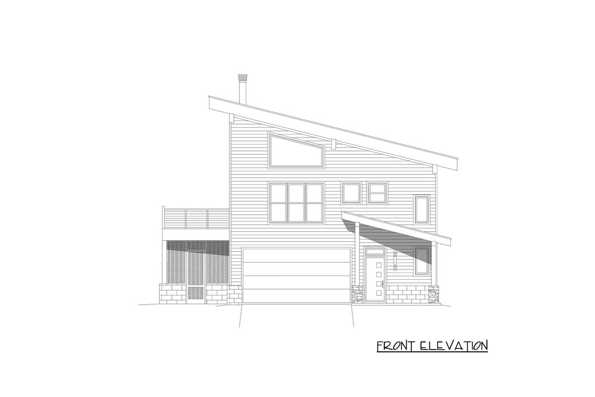 Front elevation drawing of a two-story house with a sloped roof, large garage, and covered porch.