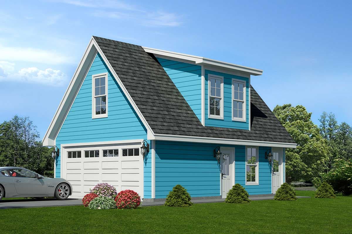 House plan exterior. Two-story structure with gable roof. Includes dormers, a two-car garage, and traditional window style.