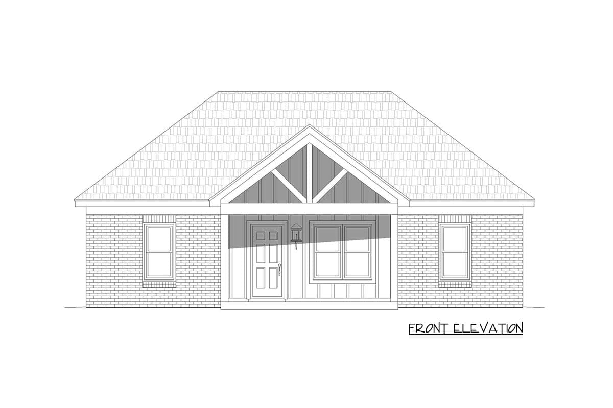Front elevation drawing of a single-story house with a covered front porch, gabled roof, and brick exterior.
