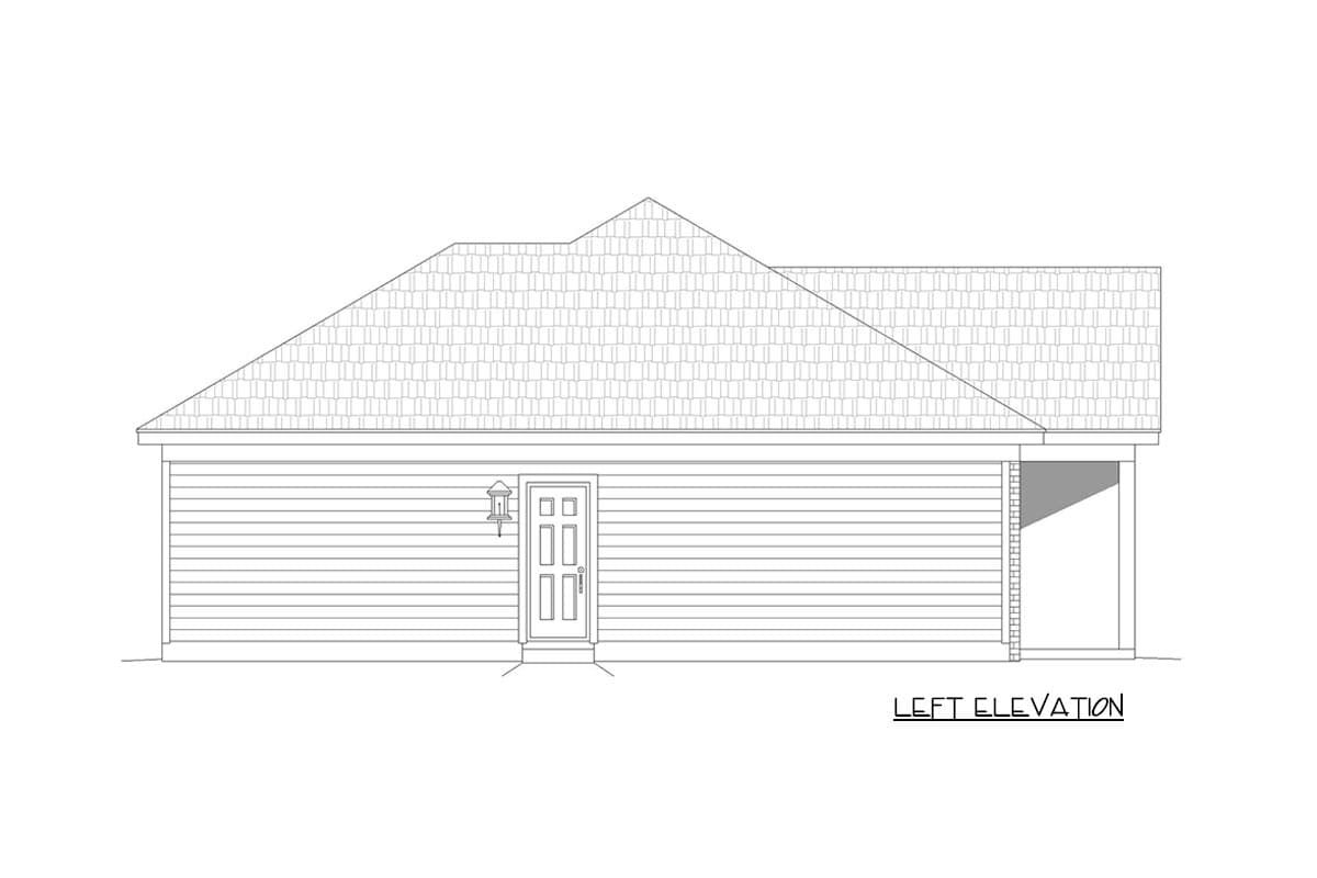 House plan left elevation showing a single-story home with a gable roof, horizontal siding, and an attached garage.