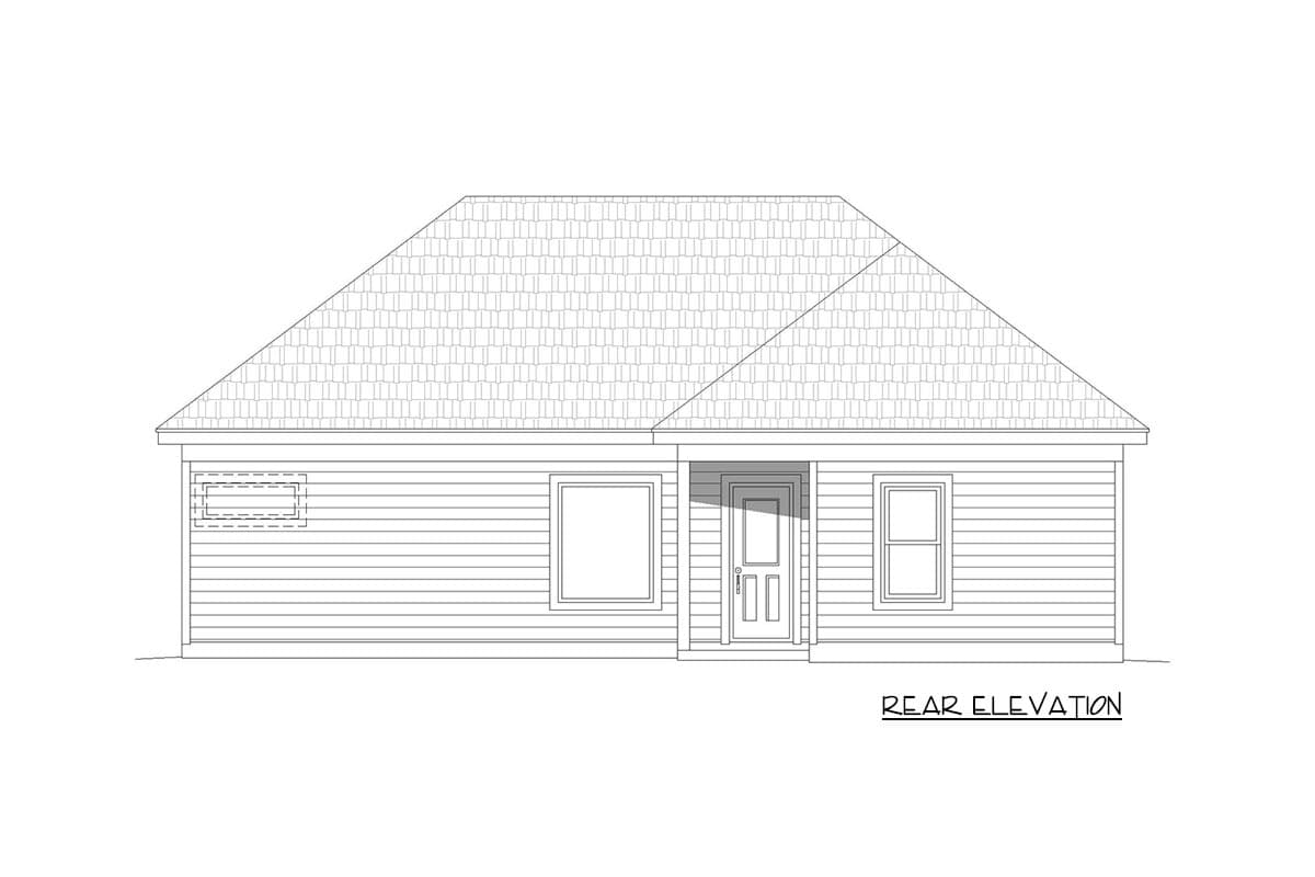 Rear elevation drawing of a single-story house with a hipped roof, horizontal siding, and a central door.
