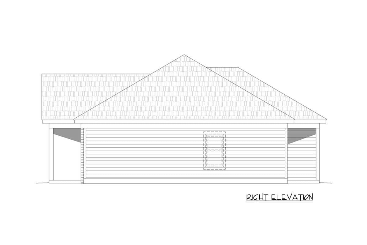 Right elevation of a house plan showing a gambrel roof, horizontal siding, and a small covered entryway.