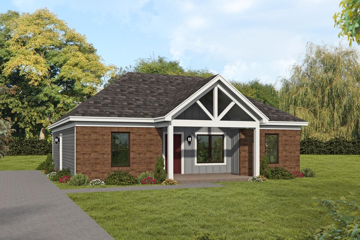 House plan exterior. Ranch style with a single story, a gable roof, covered porch, and brick and siding exterior. Features dark windows.