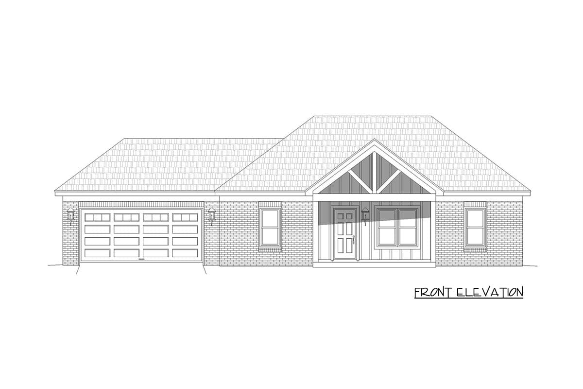 Front elevation house plan: one-story brick home with a two-car garage, covered front porch with gabled detailing, and multiple windows.