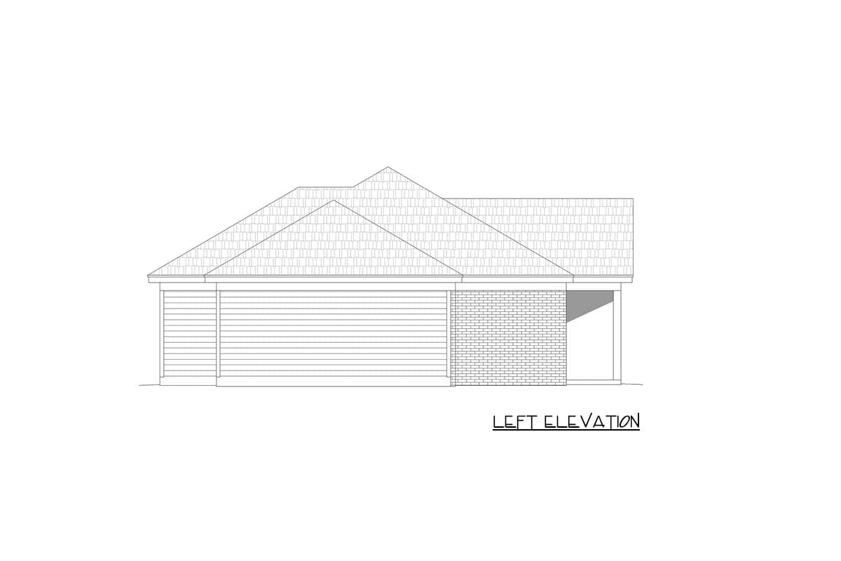 Left elevation drawing of a house plan showing horizontal siding, brick detailing, and a multi-gabled roof.