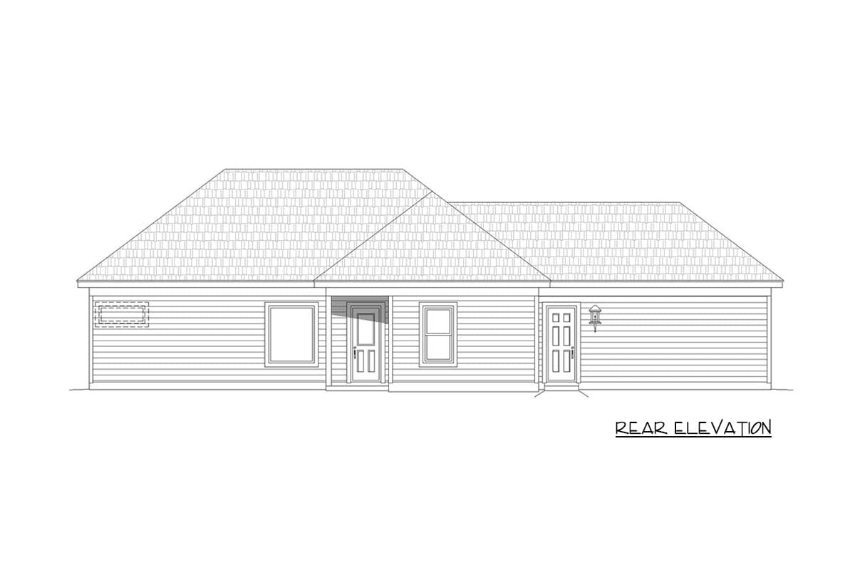 Rear elevation drawing of a one-story house with two doors, three windows, and a hip roof.