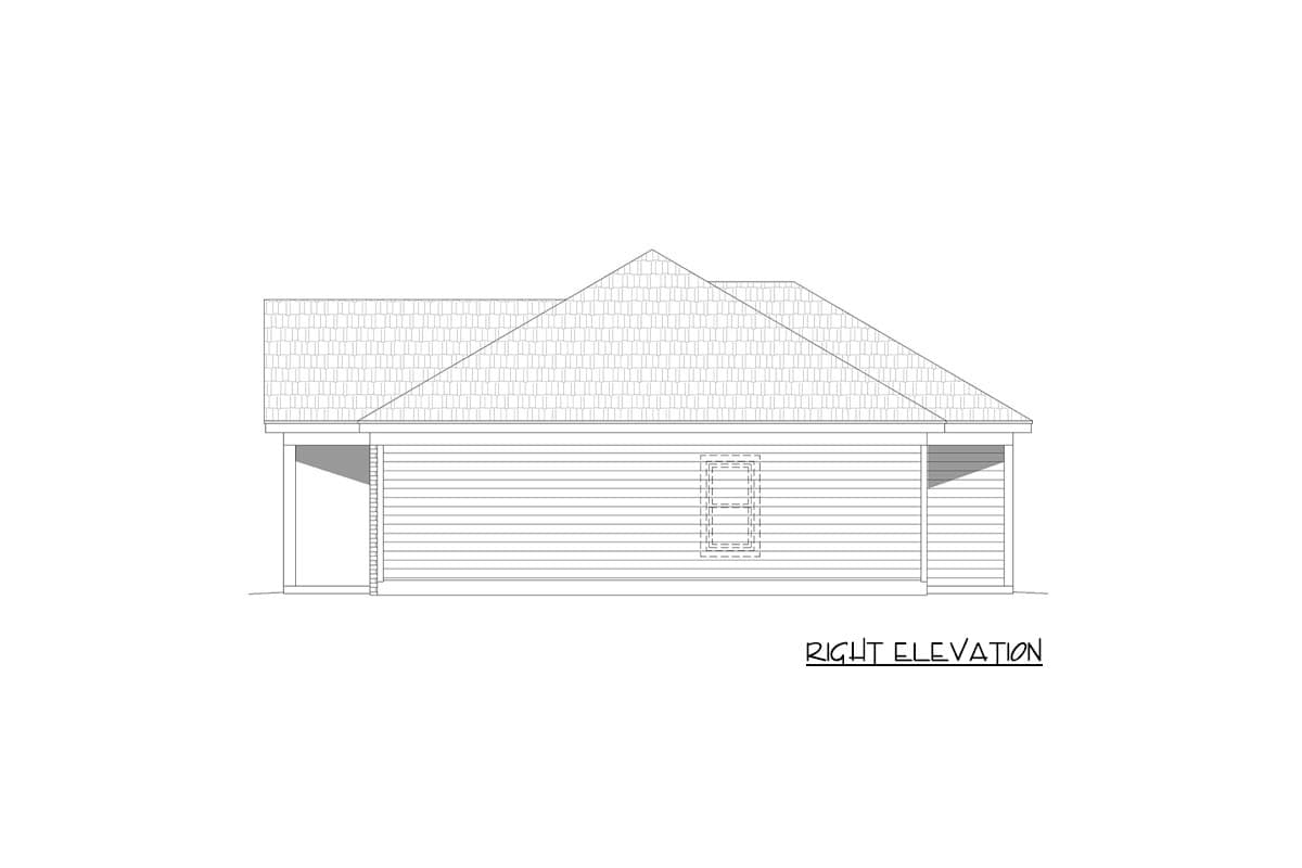 House plan right elevation drawing of a single-story home with horizontal siding and a gable roof.
