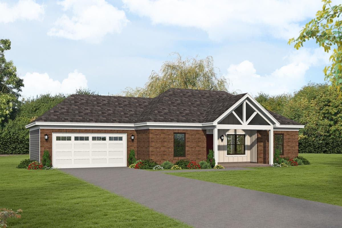 House plan exterior. Ranch style with a single story. Features include a front gable, covered porch, and attached garage with multiple windows.
