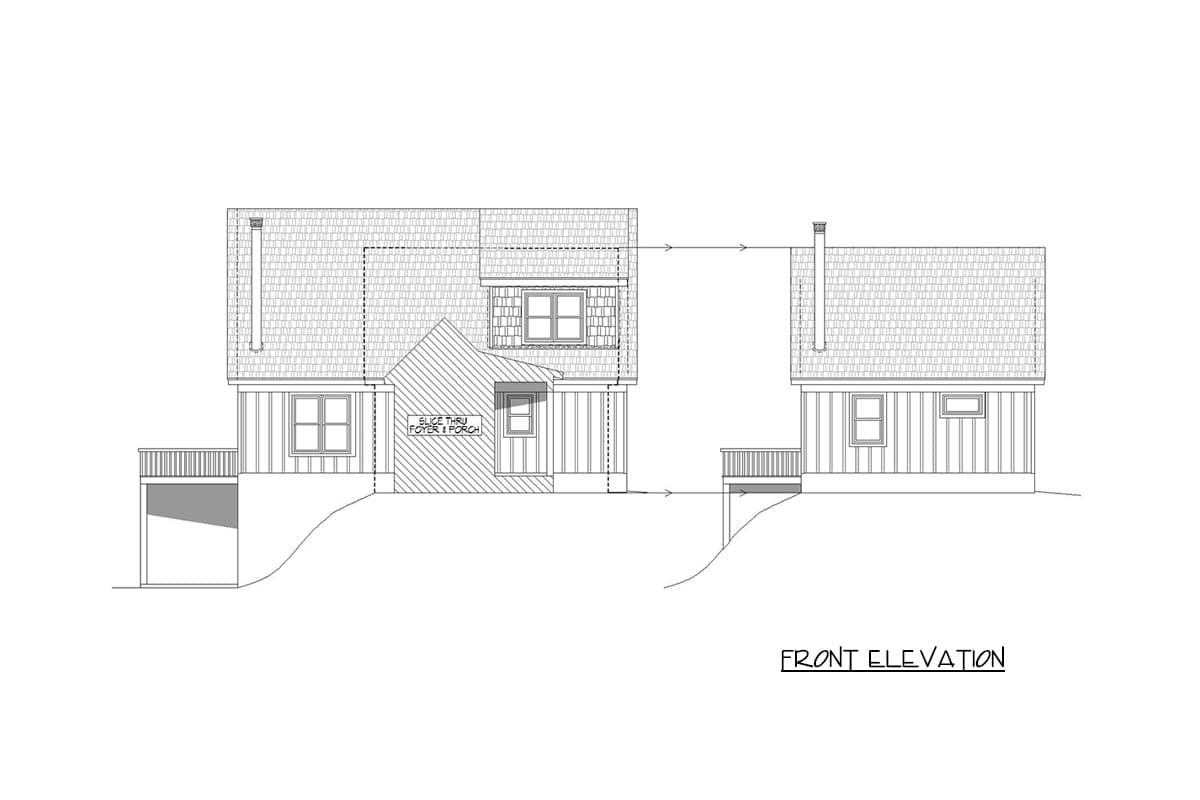 Front elevation drawing of a two-story house plan with a dormer, gabled roof, and covered porch.