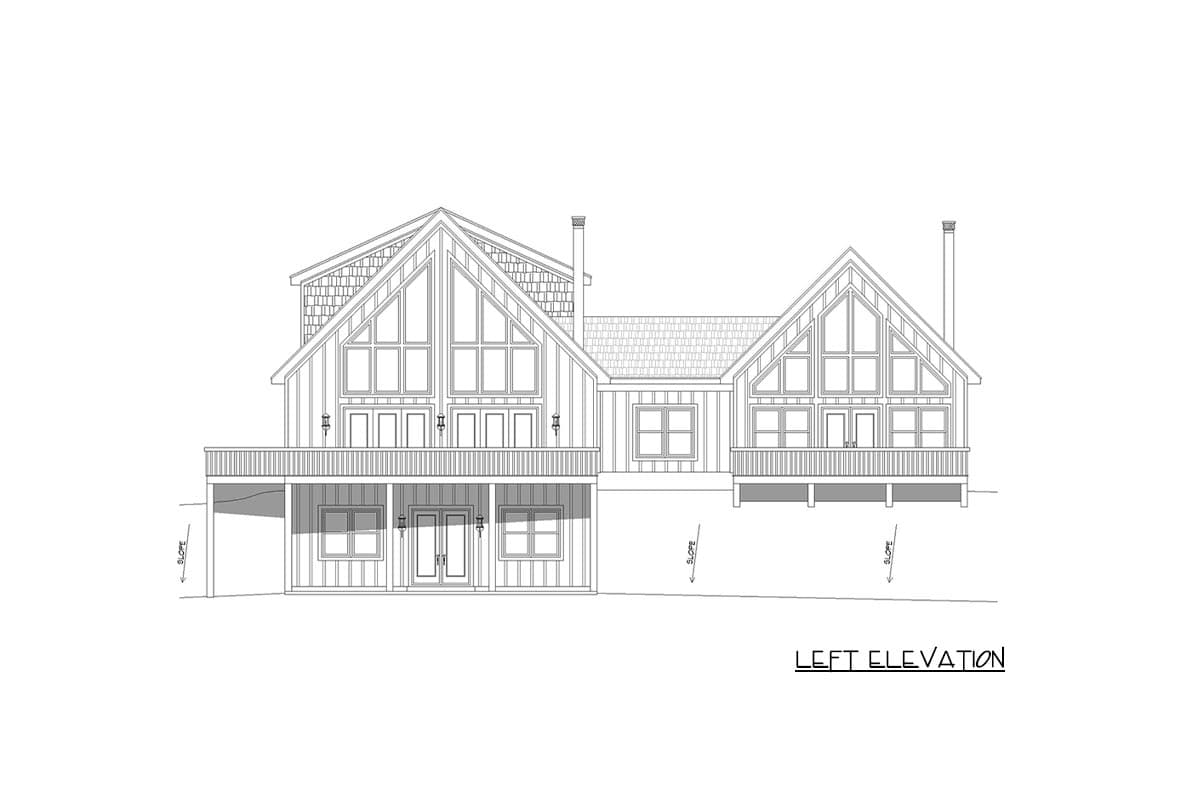 Left elevation drawing of a house with two prominent gables, large windows, and a covered porch.