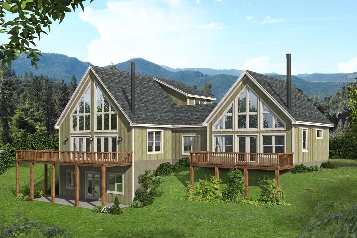House plan exterior. Two-story with gabled roof, large triangular windows, and raised decks. Features a rustic style with exposed wooden beams.
