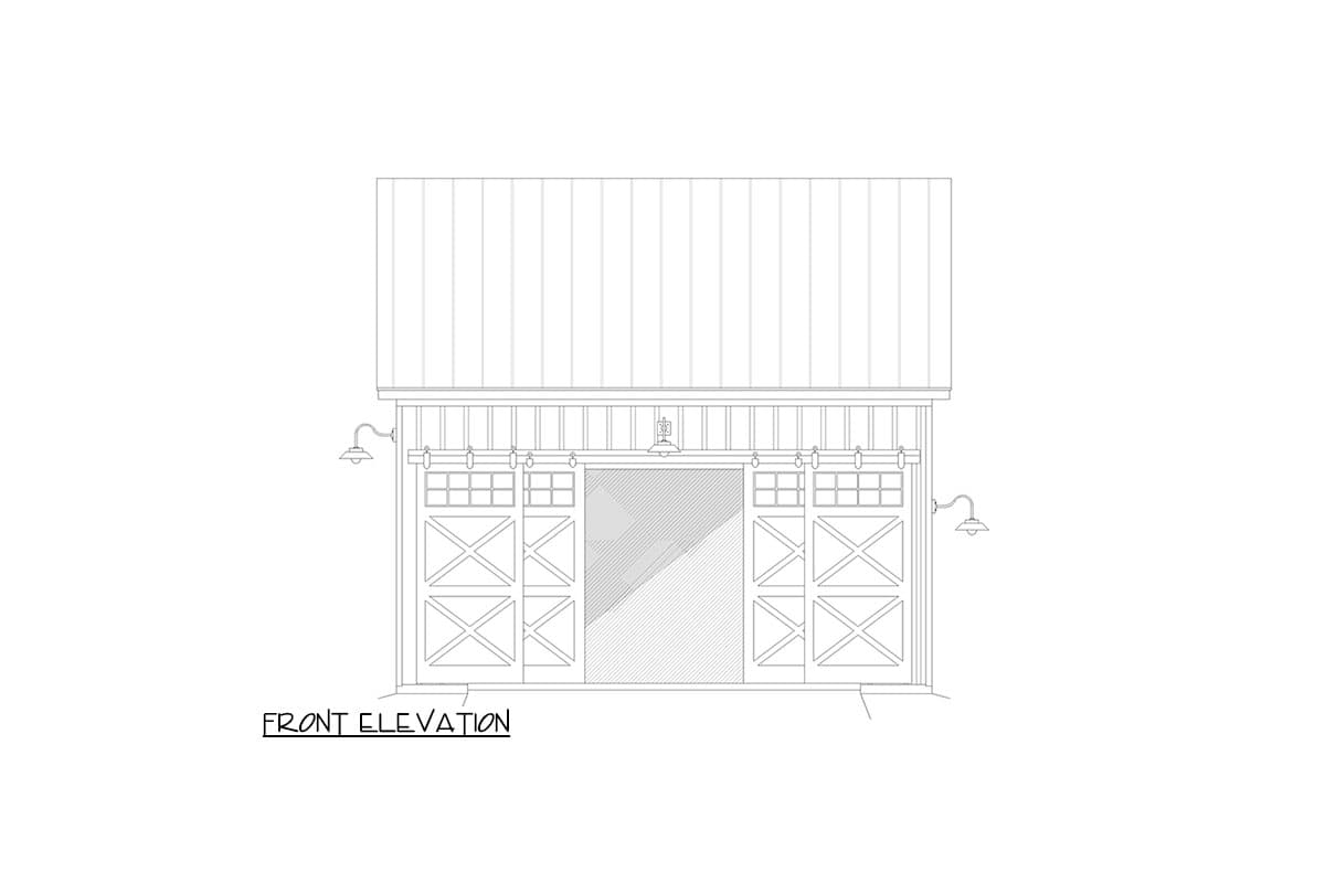 Front elevation drawing of a house with a metal roof, board and batten siding, and two large sliding barn doors with windows.