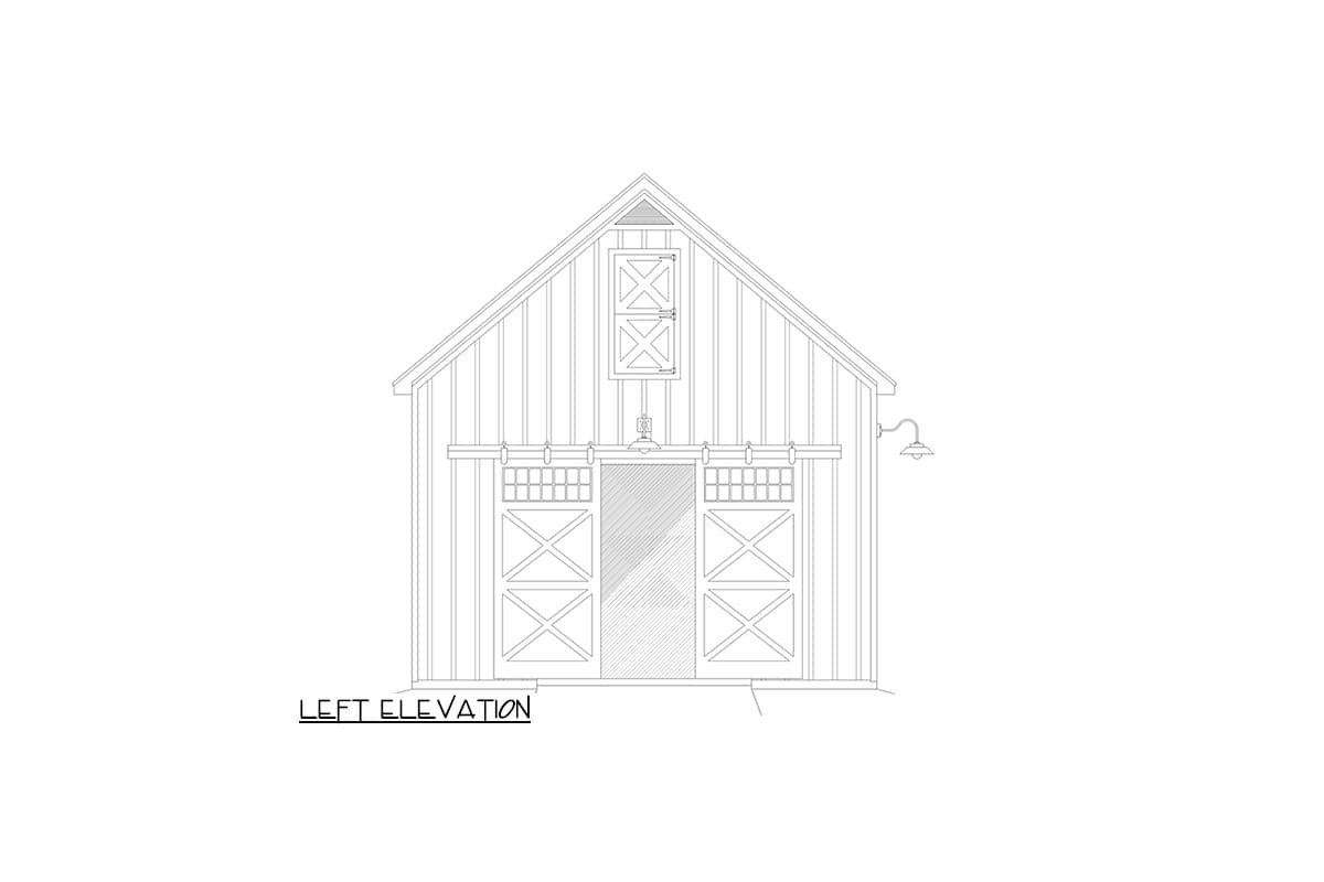 Left elevation drawing of a barn with vertical siding, double barn doors, and a dormer window.