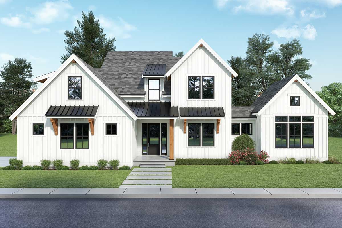 Modern Farmhouse house plan exterior with white board-and-batten siding, metal awnings over windows, gables, and a covered entry.
