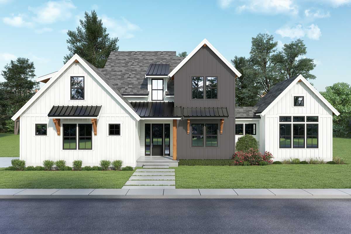 Modern Farmhouse house plan exterior with two stories, board and batten siding, and metal awnings over windows.