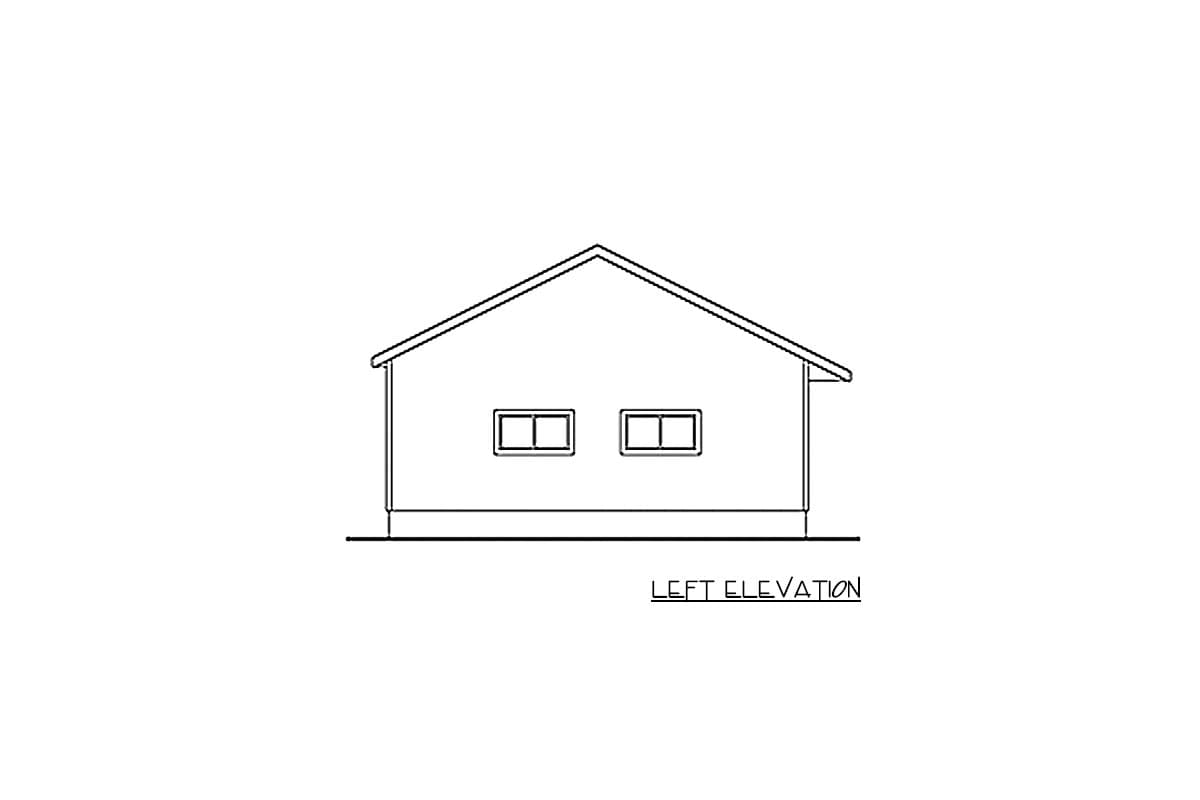 Left elevation house plan drawing of a single-story structure with a gable roof and two windows.