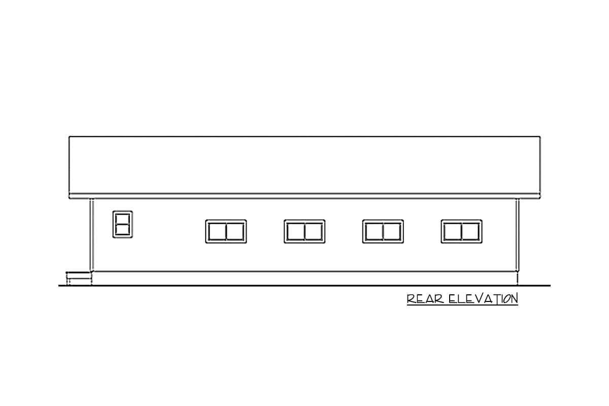 Rear elevation drawing of a one-story house with a simple roofline and five evenly spaced windows.