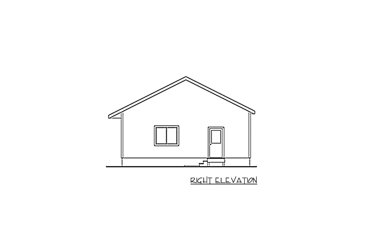 Right elevation drawing of a single-story house with a gable roof, one window, and a door with steps.