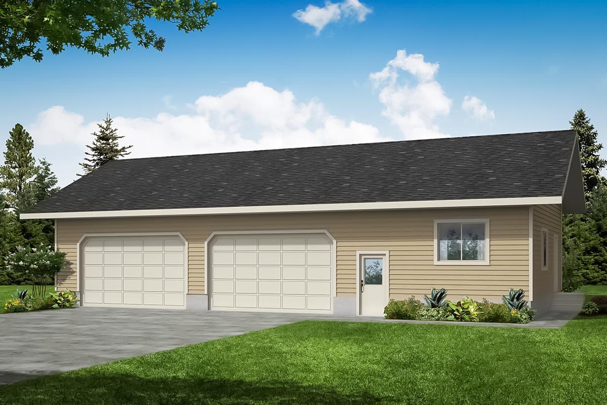 House plan exterior. Two-car garage with gabled roofline, two garage doors, and a side entry door. Window present on the side elevation.